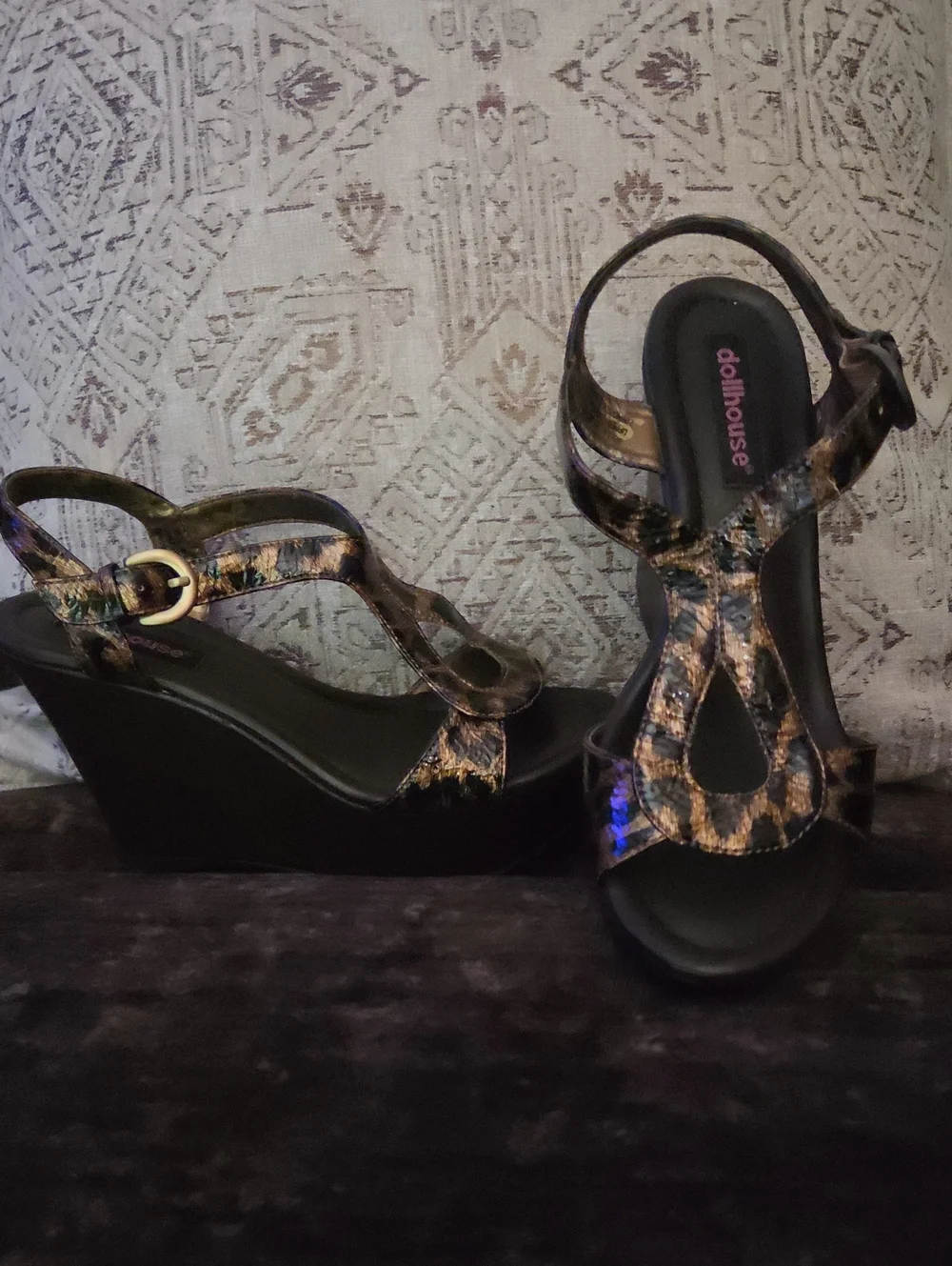 Dollhouse Leopard-Print Wedge Sandals in Black and Brown
